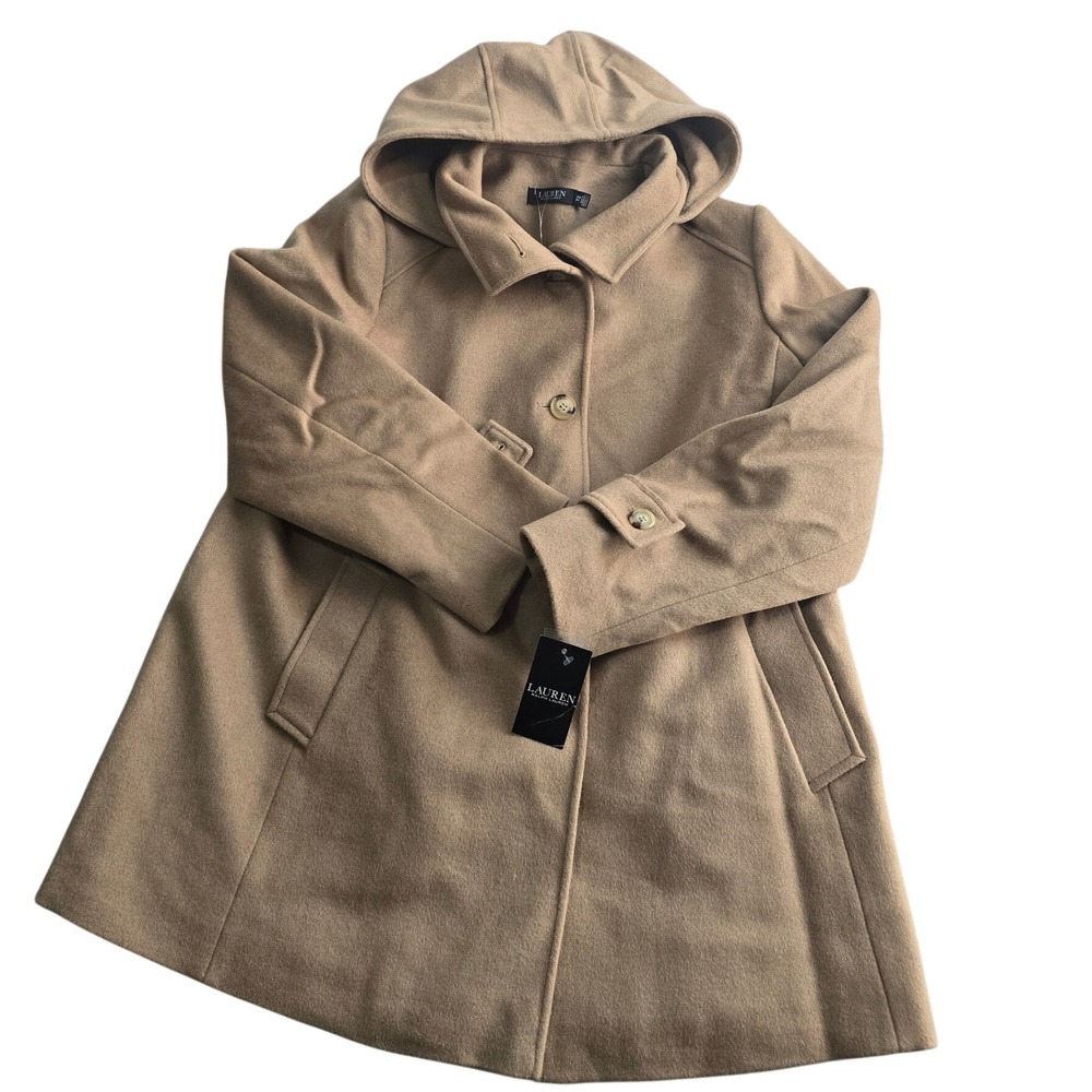 Lauren Ralph Lauren Wool Coat Women 16W Camel Hooded A-Line NWT $380